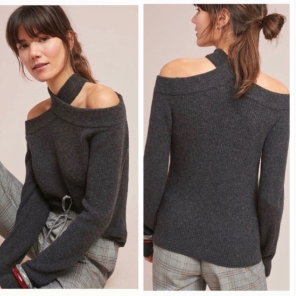 Anthropologie Moth Gray Cross Front Cold Shoulder Sweater